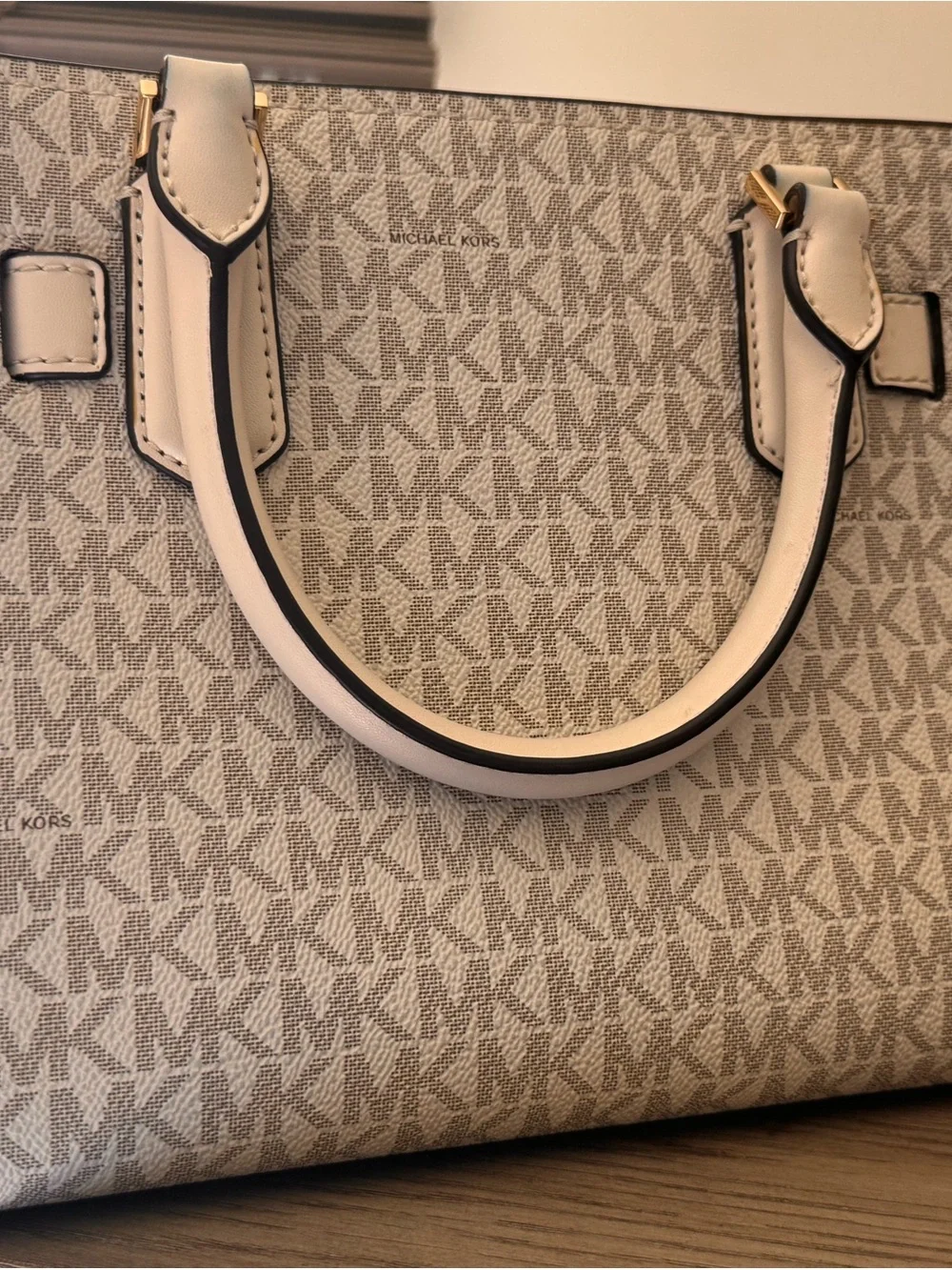Michael Kors Cream/Tan MK Logo Satchel with Gold Hardware